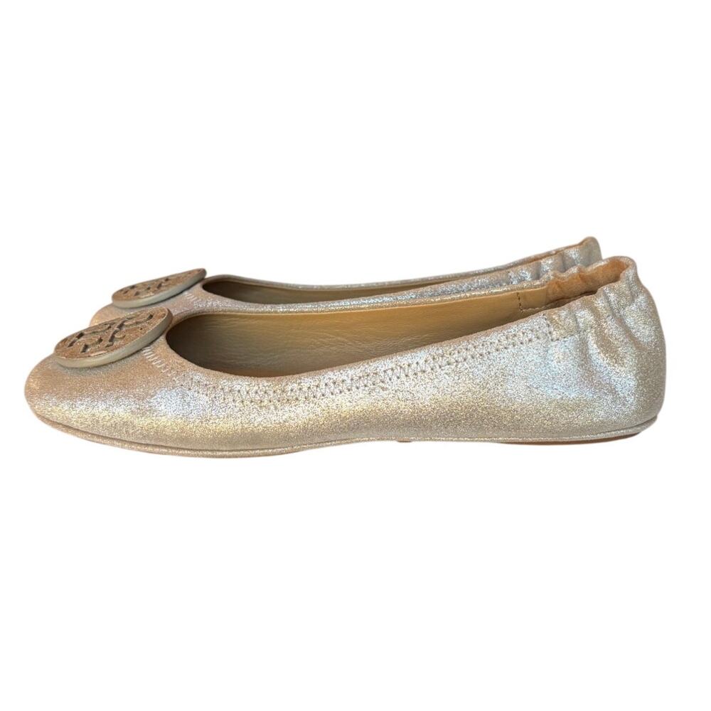 Tory Burch "Minnie" Leather Travel Ballet Flats w Metallic Silver Finish size 8 - Picture 4 of 15